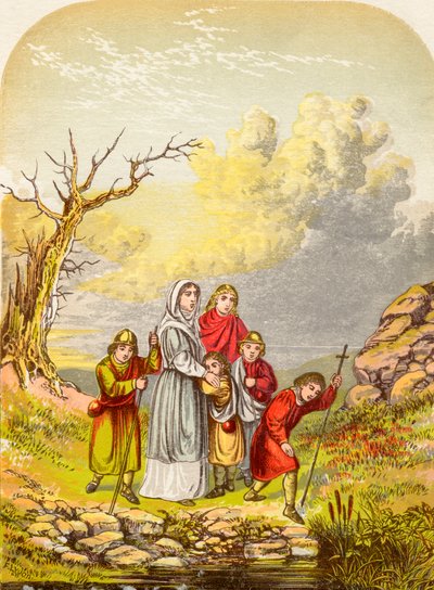 Cristiana e i suoi figli arrivano alla Palude dello Scoraggiamento, da Il progresso del pellegrino di John Bunyan, pubblicato c.1880 da Alexander Francis Lydon